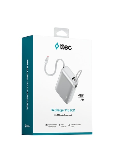 Ttec Recharger Pro Lcd 20.000mah Pd 45w Usb-c Makaralı Kablolu Taşınabilir Hızlı Şarj Aleti / Powerbank 2bb277 Gümüş