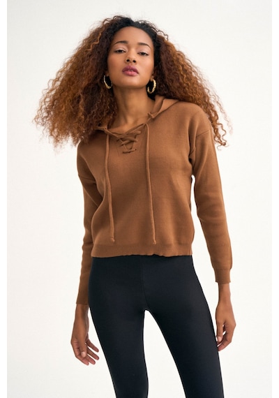 Sateen Kapüşonlu Triko Kazak - Kahve-130109 Kahve