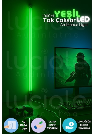 Mood Light Serisi 100 Cm Yeşil Led Bar Aç Kapa Anahtarlı Tak Çalıştır Ambiyans Işığı