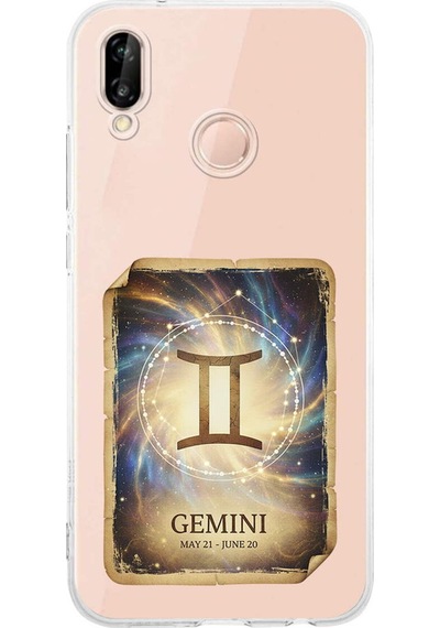 Huawei P20 Lite İle Uyumlu Burç Kartları İkizler Tasarımlı Şeffaf Silikon Kılıf Şeffaf