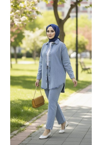 Hb Harma Time Butik Kadın Kot Ceket Pantolon İkili Kot Mavi Takım