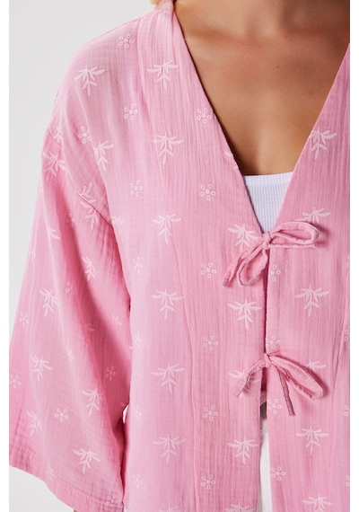 Ritnice Kadin Flora Müslin Kabartma Dokulu Pembe Kimono Pembe
