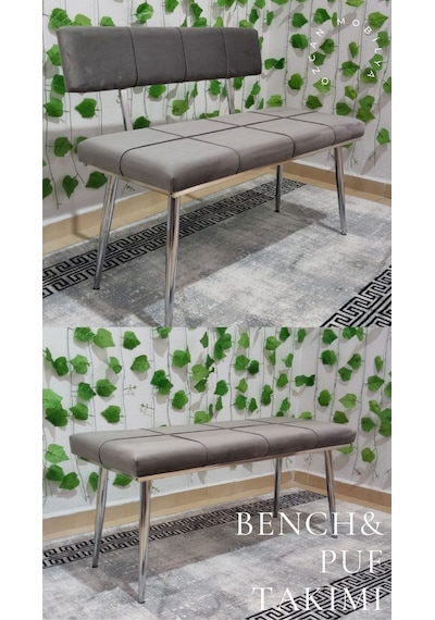 Özcan Metal Krom Metal Ayaklı Bench Sırtlı Mutfak Salon Antre Yatak Odası Puf Bank Oturak Takımı Açıkgri