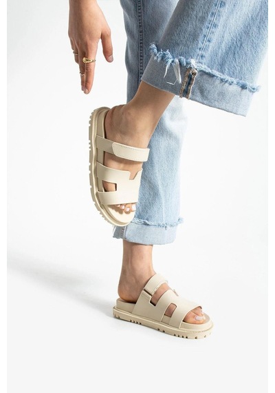 Moda Devrin Beige Cırtlı Anatomik Rahat Taban Kadın Terlik Bej