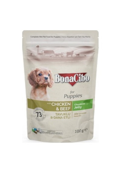 BonaCibo Jelly Tavuklu & Dana Etli Pouch Yavru Köpek Maması 12 x 100 G