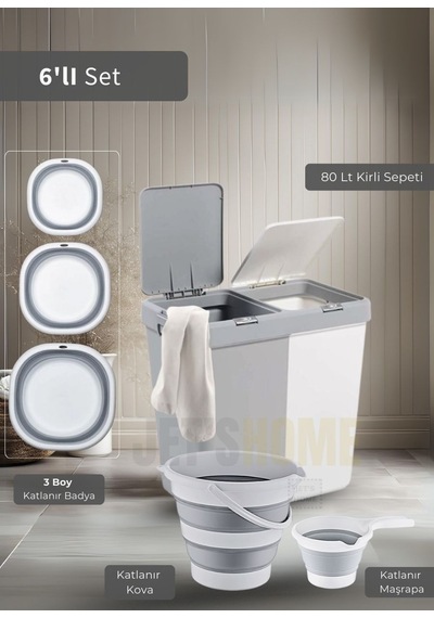 Jet's Home 6'lı Banyo Seti Çamaşır Sepeti Katlanır Badya Katlanır Kova Katlanır Maşrapa Bpa Free Beyaz - Gri