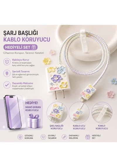 İphone 15 Plus Uyumlu Nano Ekran Koruyucu Hediyeli Şarj Başlığı & Kablo Koruyucu Koruma Seti Haki