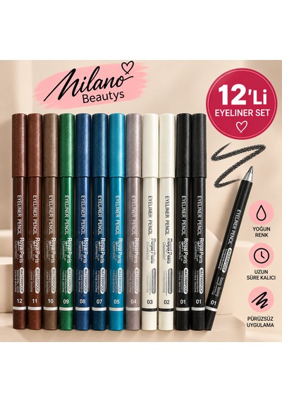 Milano Beautys 12'li Renkli Eyeliner Ve Göz Kalemi Seti Waterproof Suya Dayanıklı, Uzun Süre Kalıcı, 12 Farklı Renk Çok Renkli