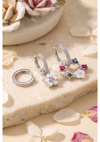 3 Lü Set Gümüş Renk Çiçek Model Küpe Tj-bkp11963 Beyaz