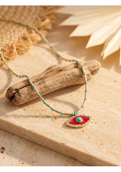 Rhea Jewelry Nazar Boncuklu Çelik Kolye Gold Renk Mineli Göz Figürlü Kadın Kolye 3 Renk Kırmızı