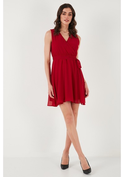 Lela Regular Fit Kruvaze Yaka Bağlama Detaylı Şifon Mini Boy Bayan Elbise 6789075 Kırmızı