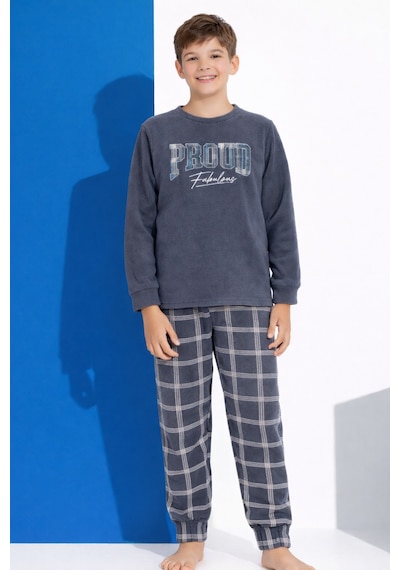 Free Beka Erkek Lacivert Ekose Desenli Uzun Kollu Baba-oğul Polar Kumaş Kışlık Kalın Pijama Takımı Gri