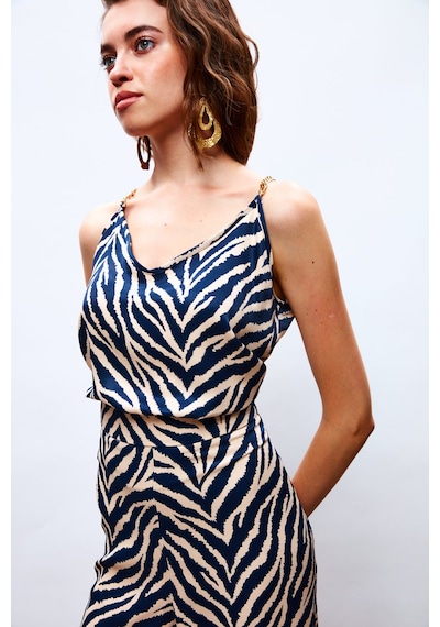 Sateen Desenli Saten Bluz - Lacivert