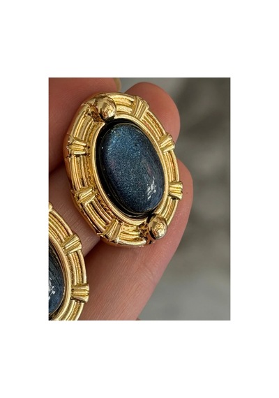 Vintage Model Gold Çerçeveli Lacivert Küpe Altın