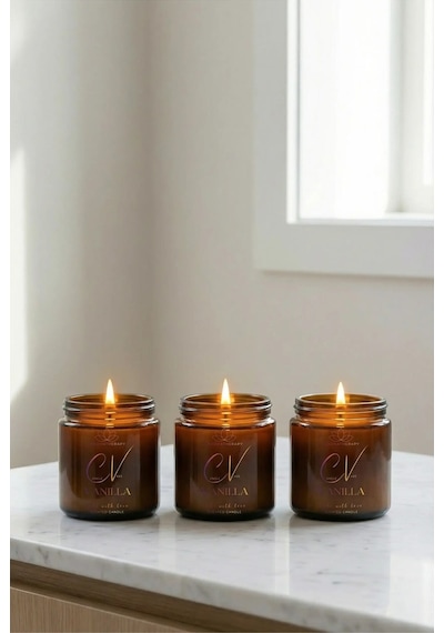 3 Lü Vanilya Kokulu Aromaterapi Mum %100 Doğal Soya Wax Kapaklı Amber Cam Krem Renk 100 Cc Amber