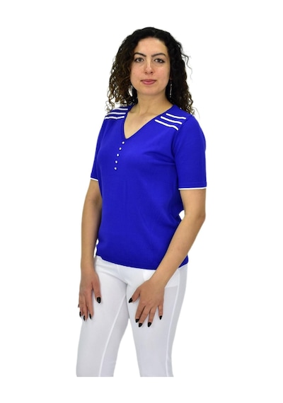 Kadın Yarım Kol V Yaka Taşlı Triko Tişöt 12857 Bgl-st04656 Saks Mavi Kadın Yarım Kol V Yaka Taşlı Triko Tişöt 12857 Bgl-st04656 Saks Mavi