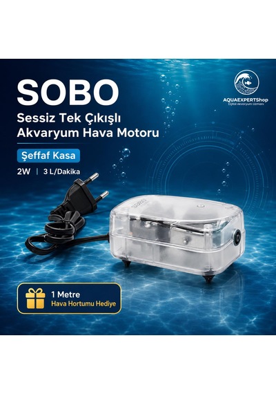 Sobo Sessiz Hava Motoru - Tek Çıkışlı - Şeffaf Tasarım - 1 Metre Hava Hortumu Hediye - 2w - 3lt/saat