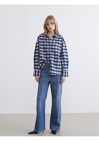 Lcw Vision Lacivert Ekose Oversize Kadın Oduncu Gömlek