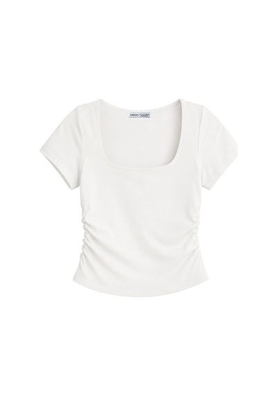 Vadon 1006 Kadın Pamuklu Kare Yaka Yan Büzgü Detaylı Basic Crop T-shirt Bluz Beyaz