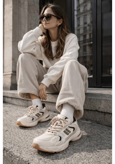 Muggo Shift Kadın Kalın Taban Bağcıklı Günlük Sneaker Spor Ayakkabı Bej