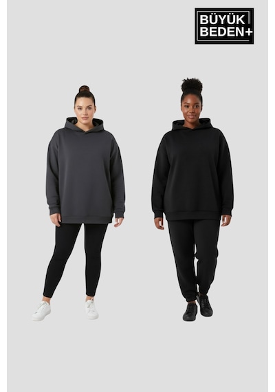 Süperlife Kadın Büyük Beden 2' Li Set Kapşonlu Kollar Ve Etek Ribanalı İnce Swatshırt Spr26bswk957+2 Black-smoked Süperlife Kadın Büyük Beden 2' Li Set Kapşonlu Kollar Ve Etek Ribanalı İnce Swatshırt Spr26bswk957+2 Black-smoked
