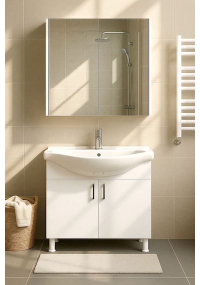 Makbulce 80 Cm Beyaz Mdf Seramik Lavabolu Ayaklı Aynalı Banyo Dolabı Beyaz