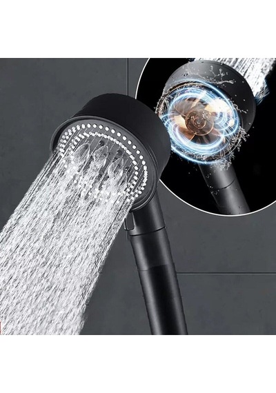 Siyah Turbo Fan Pervaneli 5 Fonksiyonlu Stoplu Duş Başlığı El Duşu Duş Başlığı Krom Diğer