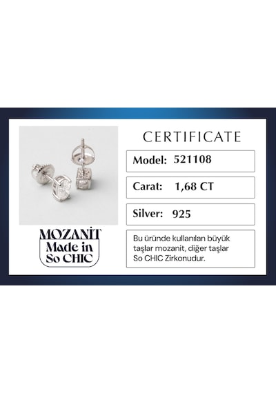 Mozanit Diana 18 Ayar Beyaz Altın Kaplama Gümüş Tektaş Küpe Beyaz
