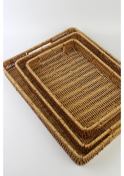 3 Lü Rattan Tepsi Dekoratif Tepsi Hasır Örme Tepsi Açık Krem