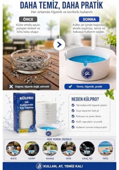 Külpro 25'li Tek Kullanımlık Jel Kül Tablası Kokusuz, Taşınabilir, Hijyenik Küllük Kamp, Kafe, Ofis, Araç Ve Dış Mekan