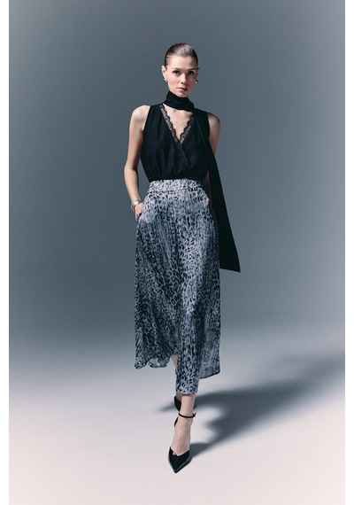 Sateen Leopar Desenli Uzun Etek - Siyah-136781 Siyah