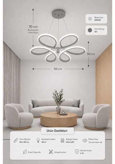 Niva Led Sarkıt Avize Beyaz Işık Gri