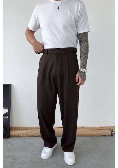 Kahverengi Pileli Baggy Kumaş Pantolon
