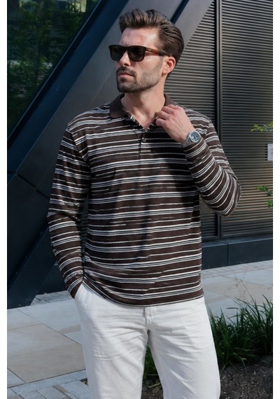 Madmext Kahverengi Regular Fit Çizgili Polo Yaka Erkek Tişört E7192
