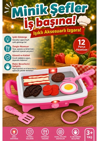Işıklı Oyuncak Izgara Ve Mutfak Seti - 12 Parça Aksesuarlı Eğitici Evcilik Oyunu 3+ Yaş
