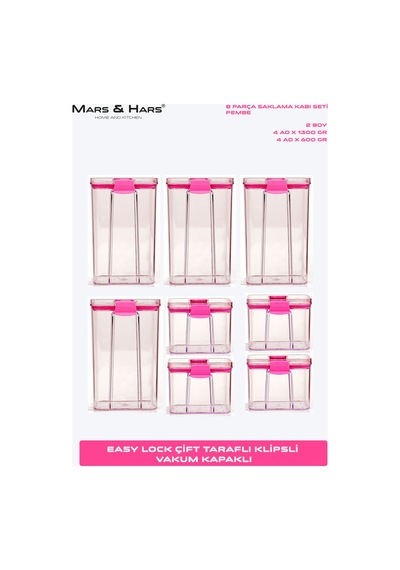 8'li Sızdırmaz, Çift Kilit Klipsli, Vakum Kapaklı, Erzak, Baharat Saklama Kabı 4 Orta +4 Küçük Pembe