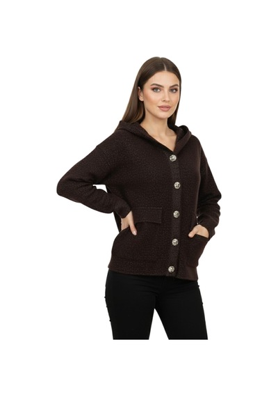 Lavella Kadın Kapüşonlu Spor Düğmeli Triko Torba Cep Sakallı Hırka Bgl-st05074 Kahve