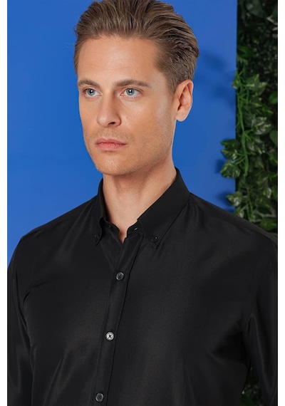 Efor Slim Fit Düğmeli Yaka Pamuklu Klasik Siyah Gömlek Gk 715 Siyah