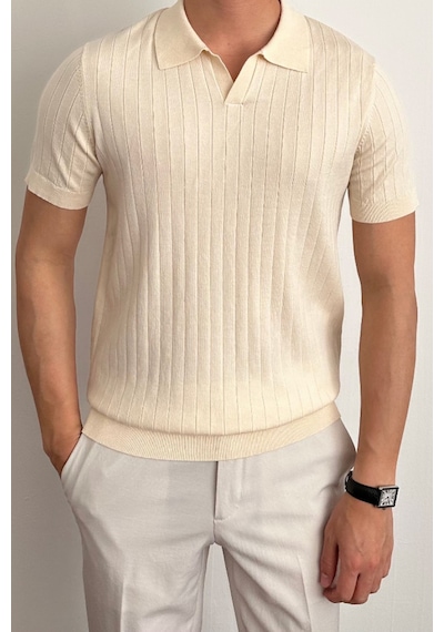 Tarz Cool Erkek Mat Bej Slim Fit Fitilli Polo Yaka Triko T-shirt Mat Bej