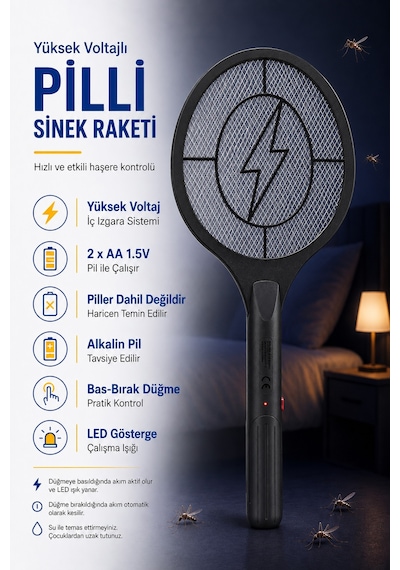 Pilli Sinek Raketi Sivrisinek Karasinek Haşere Öldürücü Sineklik Haşere Aleti Z007