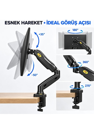 Nb F80 17-27 İnç Gazlı Amortisörlü Monitör Kolu Hareketli Masa Montaj Aparatı Siyah