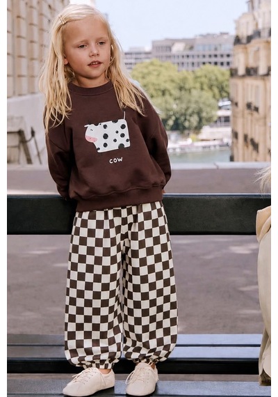 Monila Unisex Çocuk İnek Baskılı Kahverengi Sweatshirt Ve Dama Baskılı Eşofman Takım
