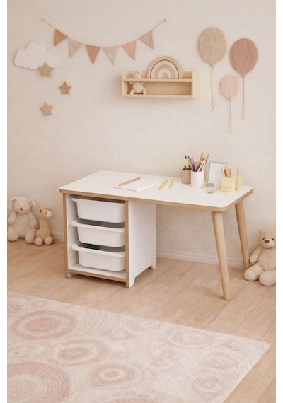 Çocuk Masası 90x45 Cm 3 Sepetli Çocuk Çalışma Masası Aktivite Masası Yaz-sil Beyaz