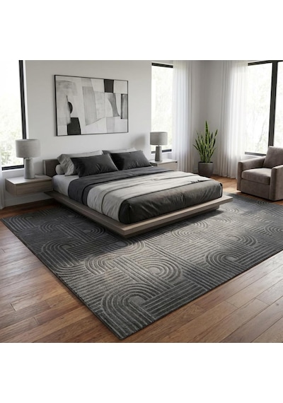 Koyu Gri Modern Geometrik Desenli Dijital Baskılı Kaymaz Tabanlı Yıkanabilir Antibakteriyel Halı Koyu Gri