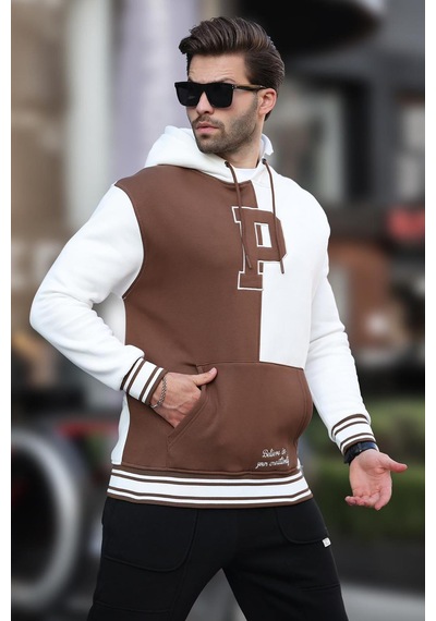 Madmext Ekru Renk Bloklu Kapüşonlu Baskılı Erkek Sweatshirt 7078 Ekru