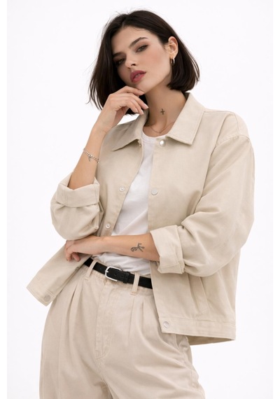 Kadın Oversize Basic Gabardin Mevsimlik Polo Yaka Ceket-385 Taş