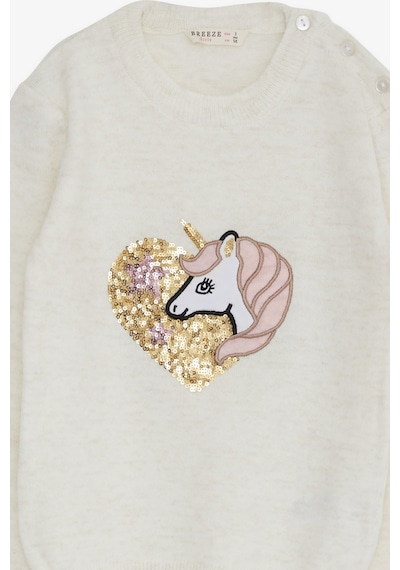 Breeze Kız Çocuk Triko Kazak Pullu Unicorn Baskılı 1.5-5 Yaş, Ekru