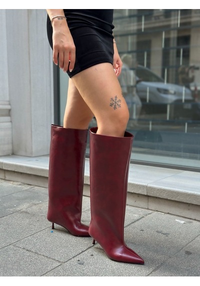 Erva'nın Butiği Bordo Cilt Veray Xl Oversize Kalın Baldır 5 Cm Mini Topuk Çizme-6401