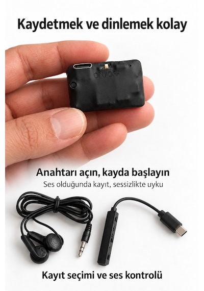 32 Gb Mini Ses Kayıt Cihazı 4 Güne Kadar Kesintisiz Kayıt, Sese Duyarlı, Kulaklık Ve Type-c Otg