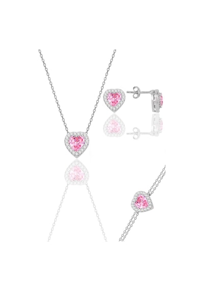 Gümüş Rodyumlu Pembe Taşlı Pırlanta Modeli Kalp Kolye, Küpe, Bileklik Üçlü Set